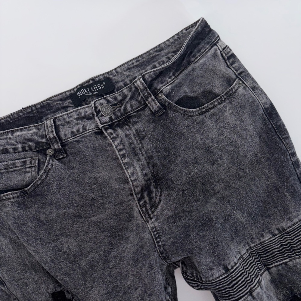 Smoke & Ash Mens Acid Wash Biker Jeans Distressed Moto Denim Grey 34x32